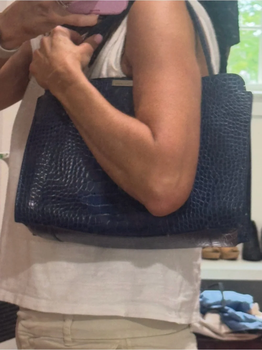 Gianni Chiarini Italian Navy Blue Croc Embossed Leather Handbag / Satchel